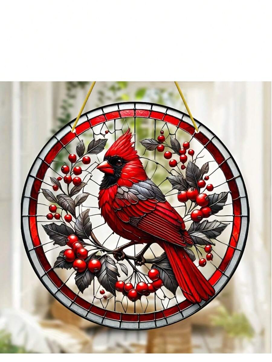 Stunning Cardinal Stained Glass Bird Hanging Decor - Perfect Christmas Gift Or Home Decoration (8''x8'')