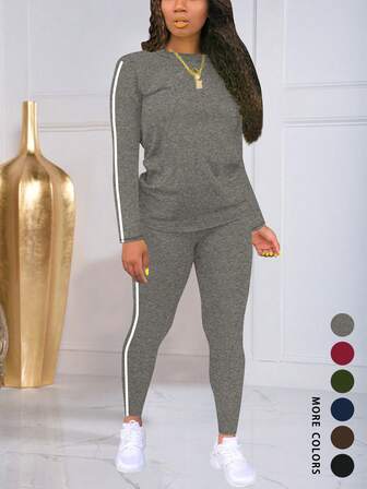 Women's Striped Print Round Neck Long Sleeve T-Shirt And Pants Casual Sportswear Set