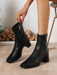 女士时尚靴子，简约百搭方头中筒粗跟靴，咖啡棕色短靴，侧拉链高跟踝靴，弹力修身靴，秋冬新品