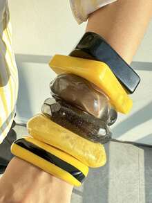 1 chiếc vòng tay nhựa sọc đen vàng sáng bóng bất đối xứng, phụ kiện thời trang thanh lịch để đeo hàng ngày và chụp ảnh tạp chí - nhiều màu - Xem 7