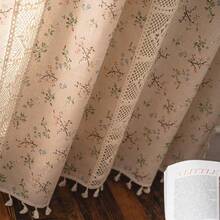Sutuo Home Boho Curtain Semi-Blackout Crochet Hollow Lace Patchwork With Floral Print Cotton Linen Fabric, Handmade Tassels Rod Pocket Bohemian Window Drapes For Living Bedroom, 59"W X 84"L, 1 Panel - 花卉拼布59寬x84公升1包 - 查看 5