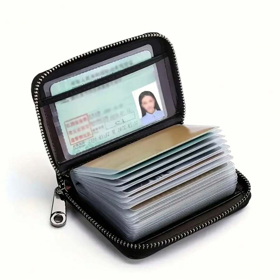 Ultra-Thin Men's RFID Anti-Theft Wallet - 20 Card Slots And 2 ID Slots, Secure Zipper Closure, Business Travel Daily Faux Leather Design - Durable RFID Protection Gift For Men (Black) - 黑色 - 查看 1