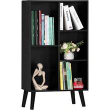 Small Black Narrow Bookshelf, 3 Tier Modern Bookcase With, Bookshelves Wood Storage Shelf, Rustic Book Shelves Cube Organizer, Display Bookcase - Standard - View 1