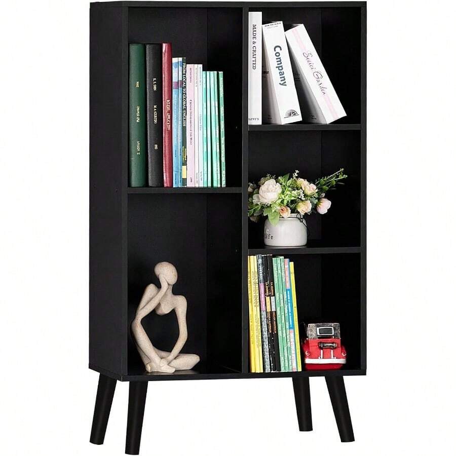 Small Black Narrow Bookshelf, 3 Tier Modern Bookcase With, Bookshelves Wood Storage Shelf, Rustic Book Shelves Cube Organizer, Display Bookcase - Standard - View 1