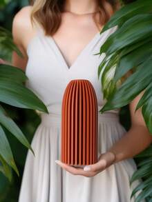 1pc Sturdy Unbreakable Plastic Flower Vase Modern Minimalist Style Orange Vertical Stripes Tall Cylinder Design With Fluffy Pampas Grass Arrangement Table Centerpiece Decorative Vase For Living Room Wedding Party Home Decor Room Decor Glass Vase