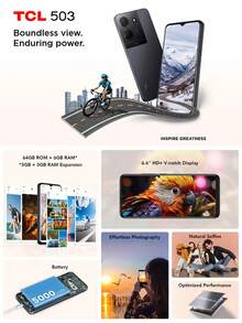 TCL 503 智能手机，Unisoc SC9863A，8 核 CPU，1.6Ghz 主频，4G 网络，内存 3+64GB，6.6 英寸，720*1612 分辨率，60Hz 显示屏，8MP+5 MP 摄像头，5000mAh，10W 充电 - 黑色 - 查看 3