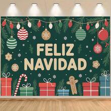 1 Spanish Christmas Banner Background Cloth, Large Party Decoration, With Gifts, Candy Canes, And Snowflake Patterns, Dark Green Background Design, Suitable For Home, Office, And School, Christmas Party Supplies, Spanish Style Merry Christmas Banner, Festival Decorations, Indoor And Outdoor Decoration.