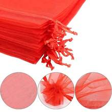 10/100个红色欧根纱束口袋 2.75英寸X3.54英寸，适用于婚礼、生日派对、装饰布袋、化妆包、派对用品的珠宝礼品袋 - 紅色 - 查看 6