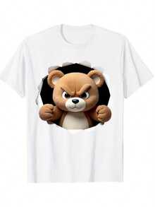 Cute Bear Graphic T-Shirt For Men Women Kids - Fun 3D Ripped Design Tee - Soft Cotton Casual Top - Novelty Animal Print Shirts - Comfortable Daily Wear Clothing - Fashion Apparel - Size S-XXXL Comfortable Cotton Short-Sleeve Top - 白3 - 查看 1