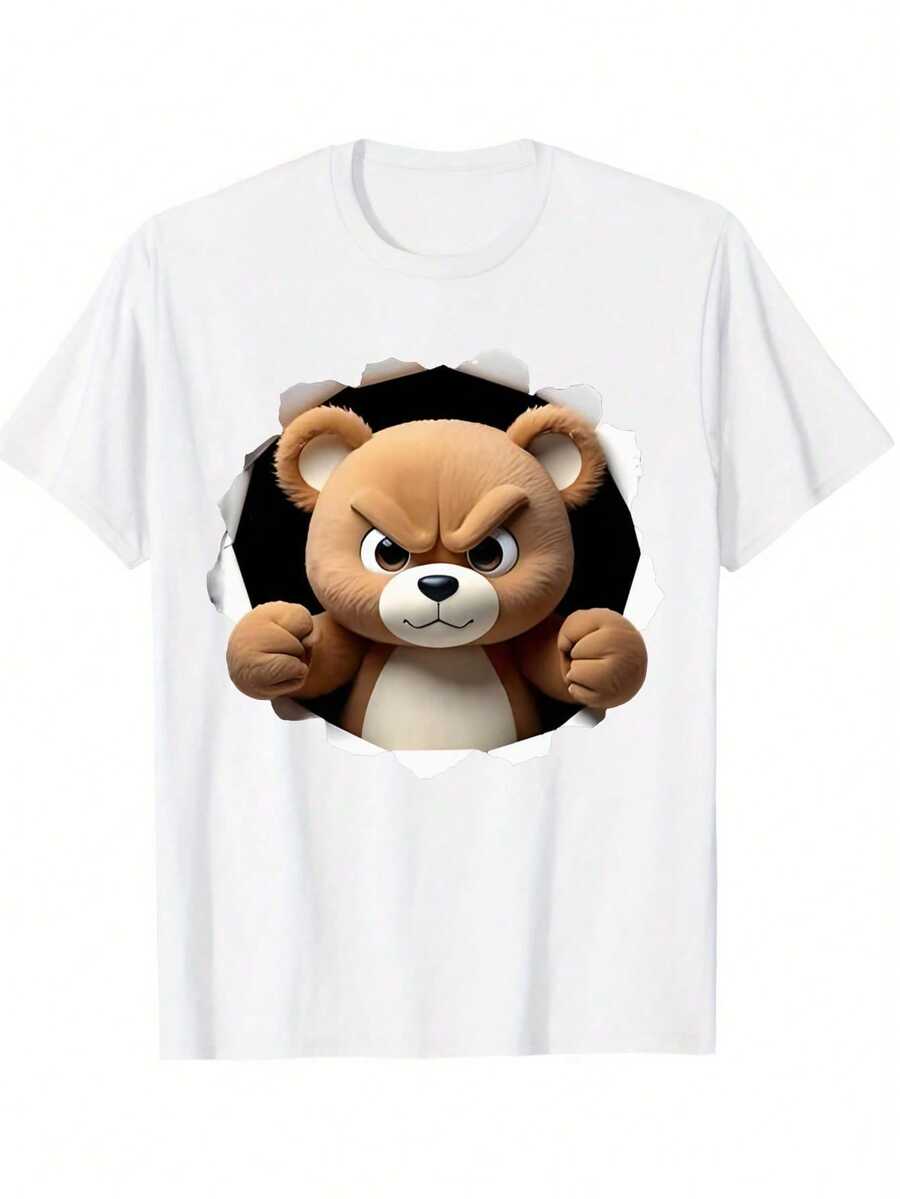 Cute Bear Graphic T-Shirt For Men Women Kids - Fun 3D Ripped Design Tee - Soft Cotton Casual Top - Novelty Animal Print Shirts - Comfortable Daily Wear Clothing - Fashion Apparel - Size S-XXXL Comfortable Cotton Short-Sleeve Top - 白3 - 查看 1