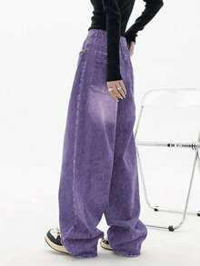 女士休闲水洗阔腿牛仔裤 - 圣诞节 - 紫色 - 查看 6