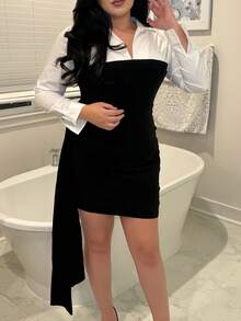 Mantos Summer Street Colorblock Slim Fit Dress Long Sleeve Collar Patchwork Short Dresses Casual Asymmetrical Dress - 黑色 - 查看 2