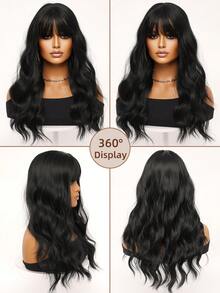 clouder 哥特朋克黑色水波卷发假发 26 英寸长波浪假发带刘海万圣节圣诞假发街头朋克假发女士合成耐热纤维假发适合日常角色扮演派对音乐节假发前卫学院风假发现代时尚朋克假发 - 黑色 - 查看 5