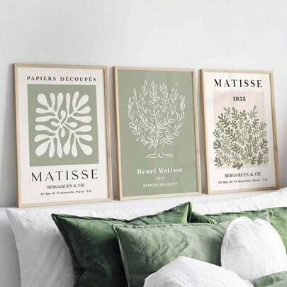 Set Of 3 Sage Green Spring Floral Matisse Wall Art Canvas, Green Plant Botanical Print Poster, Bohemian Wall Decor, Matisse Art Gallery Wall, Henri Matisse Print, Minimalist Modern Home Decoration, Wall Decor, Living Room Gift, Bedroom Aesthetic Wall Art, Unframed Gifts Birthday Graduation Coastal Decor Coastal Decor Beach Decor