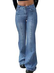 Valentine's Day Women Bootcut Jeans Flare Jeans Mid-High Waisted Stretchy Straight Leg Jeans Seamed Front Loose Denim Pants Spring Clothes - Màu xanh lam - Xem 5