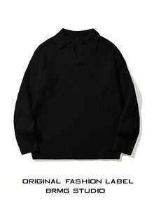 Men's Ribbed Knit Polo Neck Sweater, Casual Loose Fit Pullover, Suitable For Autumn And Winter - màu đen - Xem 6
