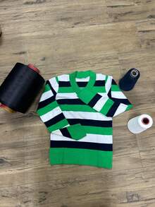 Women's Cold Weather Blouse | Women's Striped Long Sleeve Blouse | Striped V-Neck Blouse | Stripes - 綠色 - 查看 6