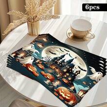 4 Stücke Halloween Horror Schloss & Kürbis Muster Leinen Tischsets - Gewebte Leinen rechteckige Tischsets für Speisezimmer, Küche, Kaffeetisch, Esszimmerdekoration - Verschiedenfarbig - Übersicht 18