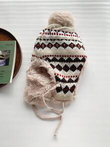 1顶复古提花针织帽，女士保暖保暖内衬飞行员帽/乌沙卡帽，适合冬季骑行滑雪，加厚针织帽带绒球 - 彩色 - 查看 6