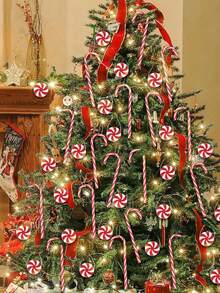 20 piezas Decoraciones de bastón de caramelo navideño, adornos para árbol de Navidad, set de adornos para árbol de Navidad en forma de bastón de caramelo rojo y blanco y molino de viento. Decoración navideña interior, decoración colgante encantadora, adecuada para árbol de Navidad, coronas, fiesta con temática de caramelos navideños