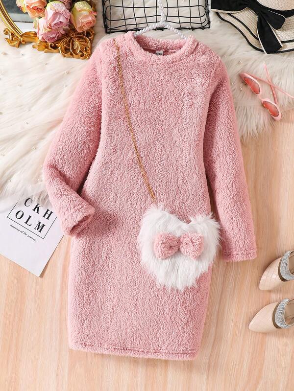 Tween Girl Casual Fluffy Long Sleeve Fitted Dress, Simple Round Neck Short Dress Fashion Metal Chain Bow Fluffy Handbag