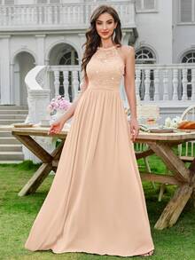 MIUSOL Elegant Women's Sequin Floral Lace Halter Neck Sleeveless Ruched Chiffon Maxi Dress, Perfect For Formal Wedding Guest, Cocktail Party, Bridesmaid, Prom - 香檳色 - 查看 5