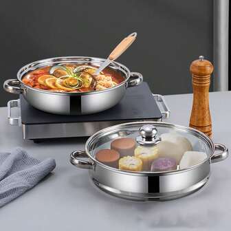 1pc 28CM Stainless Steel Thickened Steamer Pot, Double Ear Double Layer Soup Steamer Pot, Household Gift Pot
