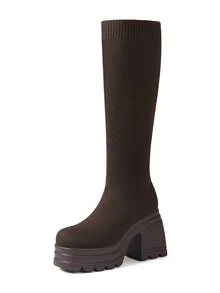 Knee High Platform Long Boots For Women Round Toe Chunky Heels Knitted Platform Boots Fall Winter Casual Party Tall Boot - 棕色 - 查看 4