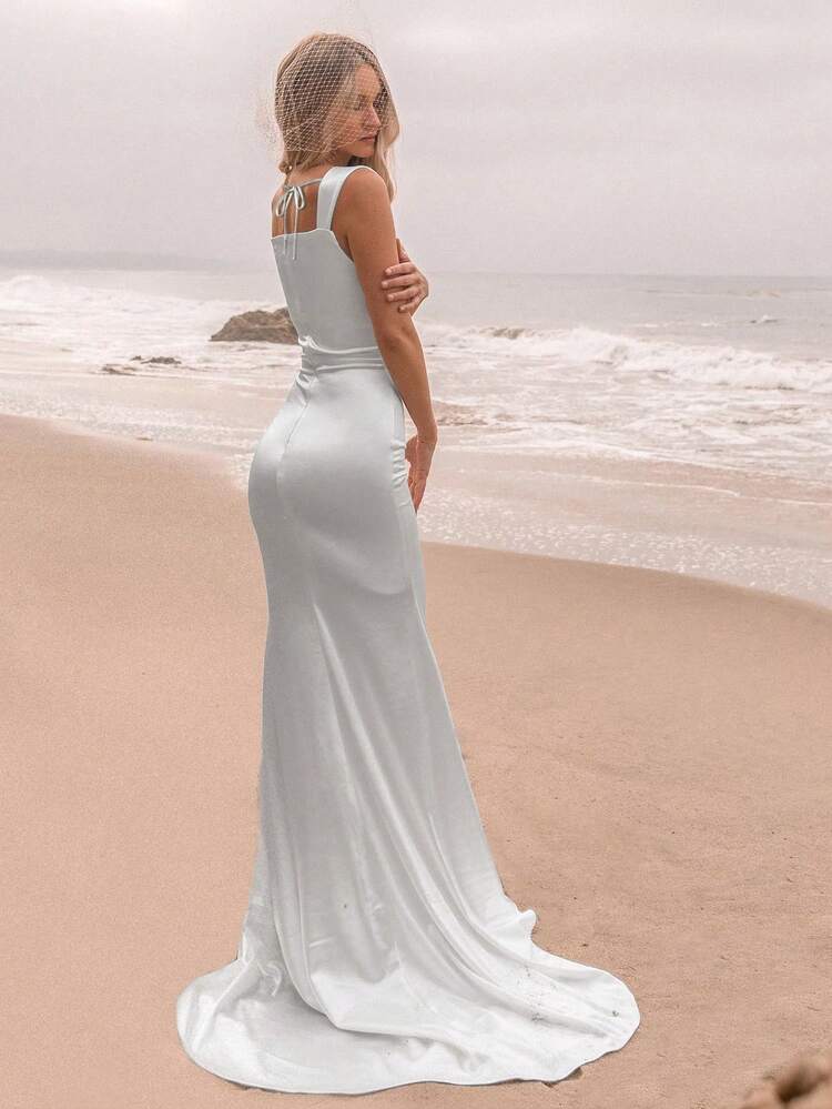 Basrey Elegante vestido de dama de honor de unicolor sin mangas con cola de sirena para boda en primavera, color blanco - Blanco - Añade 5