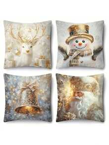 1/2/4 piezas Fundas de almohada navideñas de un solo lado, estilo moderno, lavables a máquina, con cierre de cremallera, de poliéster con diseños de Papá Noel, renos y muñeco de nieve para decoración de sala de estar y sofá. "X" Inserto no incluido - 17.7x17.7 pulgadas, impresión plana 2D