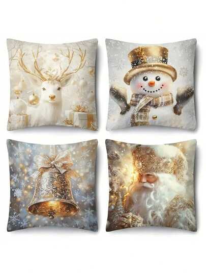 1/2/4pcs Golden Christmas Decoration Pillow Covers, Size 17.7x17.7 Inches, Modern Style, Zipper Closure, Machine Washable, Decorative Santa Claus, Snowman, Deer, Snowflake Patterns, Suitable For Living Room Sofa Bed Decoration - No Inner Core Included