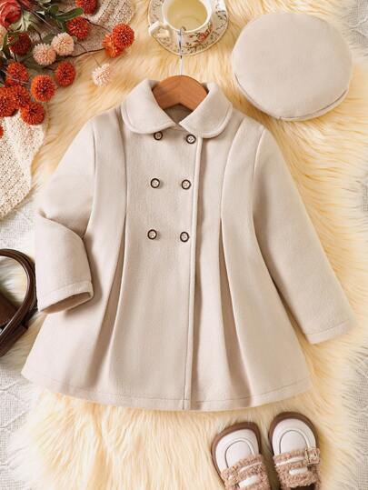 女童纯色双排扣长袖外套配贝雷帽，秋冬款