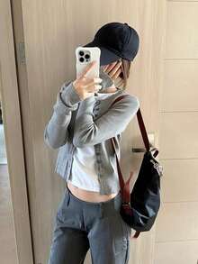 Early Autumn Casual Korean Style Slim Fit Cardigan Sweater For Women - Grey - View 4