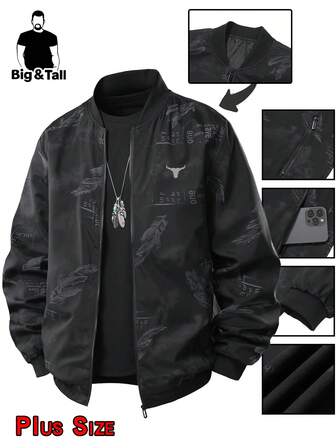 Men's Plus Size Jacket, New Product For Autumn, Extra-Large And Extra-Fat, Perfect For Travel, Baseball Collar, Full-Print Feather Jacket, Loose Yet Slimming, American , Versatile