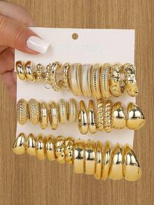 6-18 对时尚亮面金色喷漆 ABS 塑料耳环套装，亲肤，简约几何耳环，适合女士全天佩戴 - 金黃色 - 查看 8