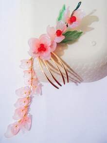 1 pièce Pince à cheveux style coréen élégante avec fleur d'hibiscus rouge/fleur hawaïenne et pompon, 8 cm de long, résistante à la décoloration, à la mode & exquise, convient pour le port quotidien des femmes & des filles, peut être utilisée comme accessoire pour cheveux ou coiffe, peigne à cheveux, peigne latéral - multicolore - Voir 15