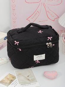 Bolsa de cosméticos con patrón de lazo bordado en rosa, bolsa de almacenamiento de cosméticos acolchada de espuma, bolsas de maquillaje de viaje lindas, bolsa de almacenamiento de artículos multifunción, bolsa de gran capacidad - Negro - Ver 8
