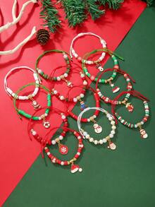 12 Peças Conjunto de Decoração Pendente de Boneco de Neve, Papai Noel, Rena, Chapéu de Papai Noel, Guirlanda de Natal com Argila Macia, Kit de Pulseira com Contas de Vidro Facetado, Adequado para Feriados, Família, Amigos, Combinação Diária