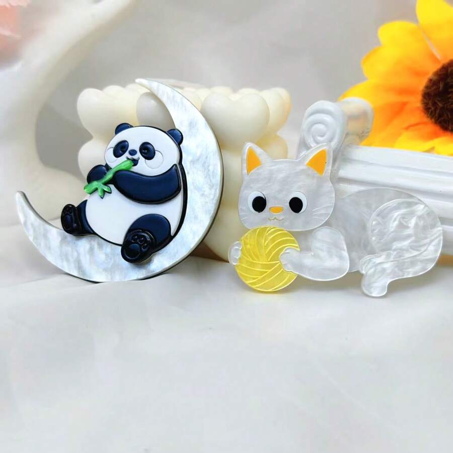 Handmade Cute Panda & Cat Acrylic Brooch - Combining Modern Minimalist And Vintage Style, Sweet Accessory For Scarf, Versatile Gift Jewelry Costume Accessories Bag Charms Office Accessories