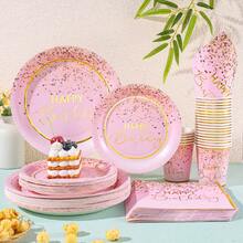 Pink & Gold Foil "Happy Birthday" Disposable Tableware Set, 7/9 Inch Party Plates, Napkins, Cups, Birthday Party Gifts, Party Decorations Suitable For Birthday Theme - Multicolor - View 1