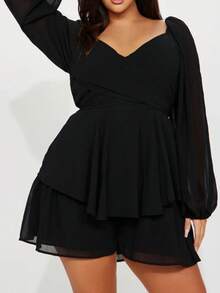 V-Neck Lantern Long-Sleeved Ruffle Strap Dress With Pants Skirt - Black - View 1