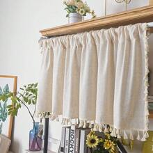 Sutuo Home Boho Sheer Curtain Valance Cotton Linen With Bohemian Handmade Tassels, Short French Farmhouse Window Treatment For Kitchen Cafe, Rod Pocket, 1 Panel 59" W X 18" L, Natural - 亞麻紋理59寬x18升1包 - 查看 3