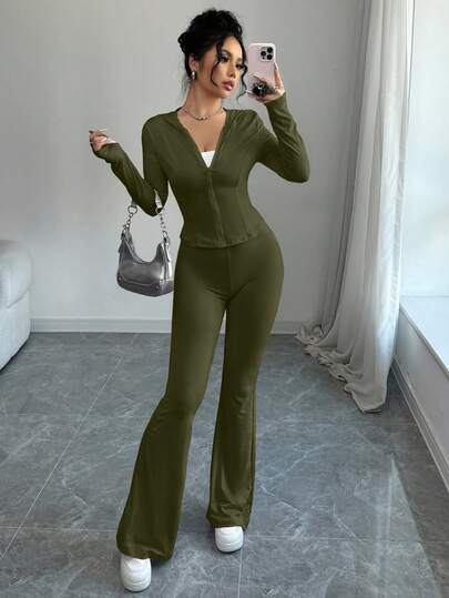 abyoxi Set de 2 piezas de chaqueta con capucha con cremallera y pantalones acampanados de unicolor, ropa deportiva casual de moda, adecuada para uso al aire libre, calle, deportes, uso diario, para mostrar el encanto personal, mujer otoño/invierno