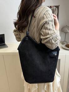 2026新款复古休闲大容量通勤手提包，女士时尚纯色水桶单肩包 - 黑色 - 查看 4