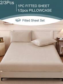 2/3pcs Beige Velvet Fitted Sheet Set Warm Soft Solid Fuzzy Fitted Sheet Set King Queen Full Twin Size, Luxury Super Soft Cozy Comfy Bottom Sheet With 11.8" Deep Pocket,Suitable For Fall Winter And Spring 1Fitted Sheet+1/2Pcs Pillowcases Domitory Bedding Back School Bedding