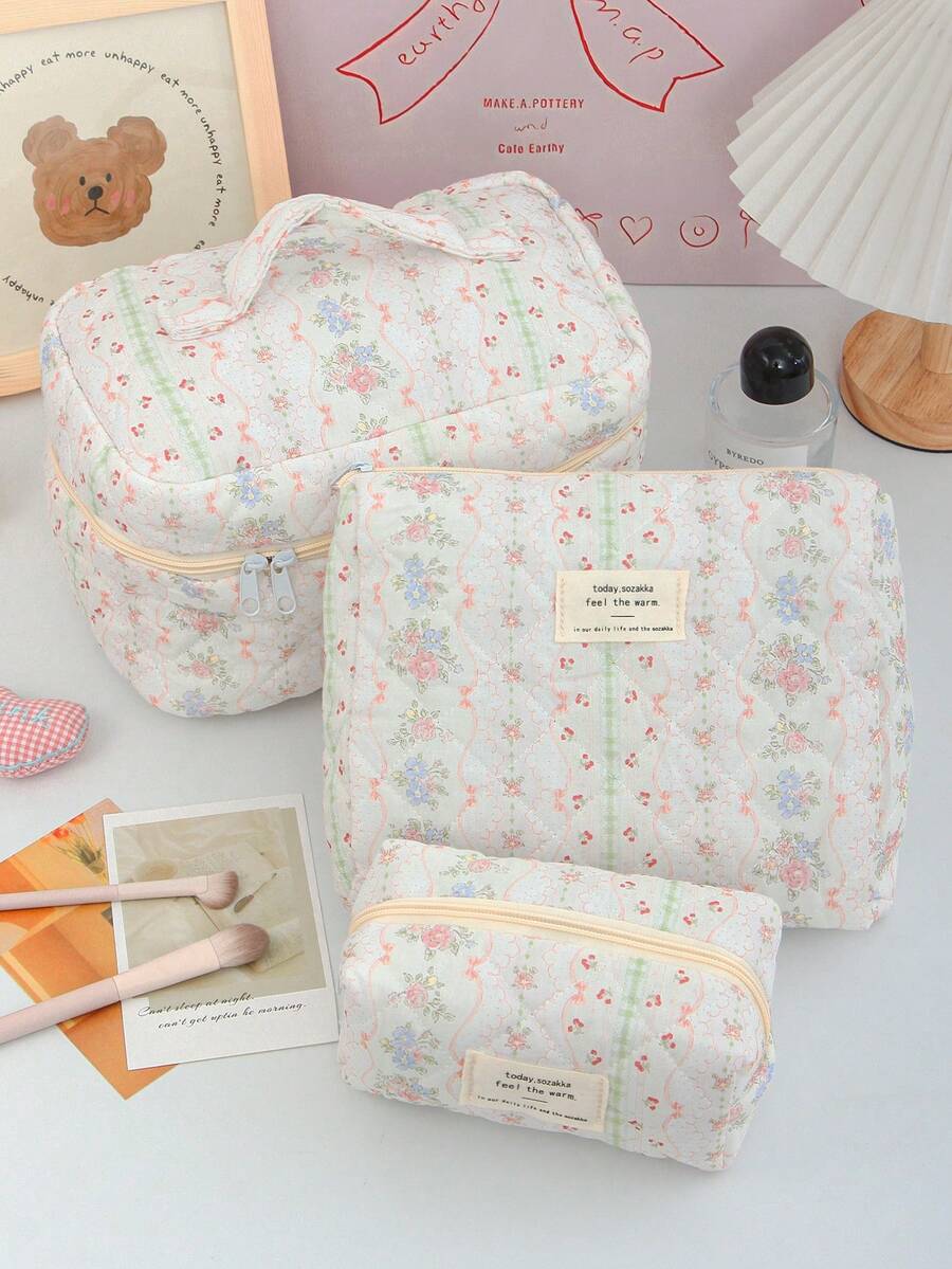 Cute Cherry Print Make Up Bag Pink Blue Floral Pattern Cosmetics Cute Cherry Print Make Up Bag Pink Blue Floral Pattern Cosmetics