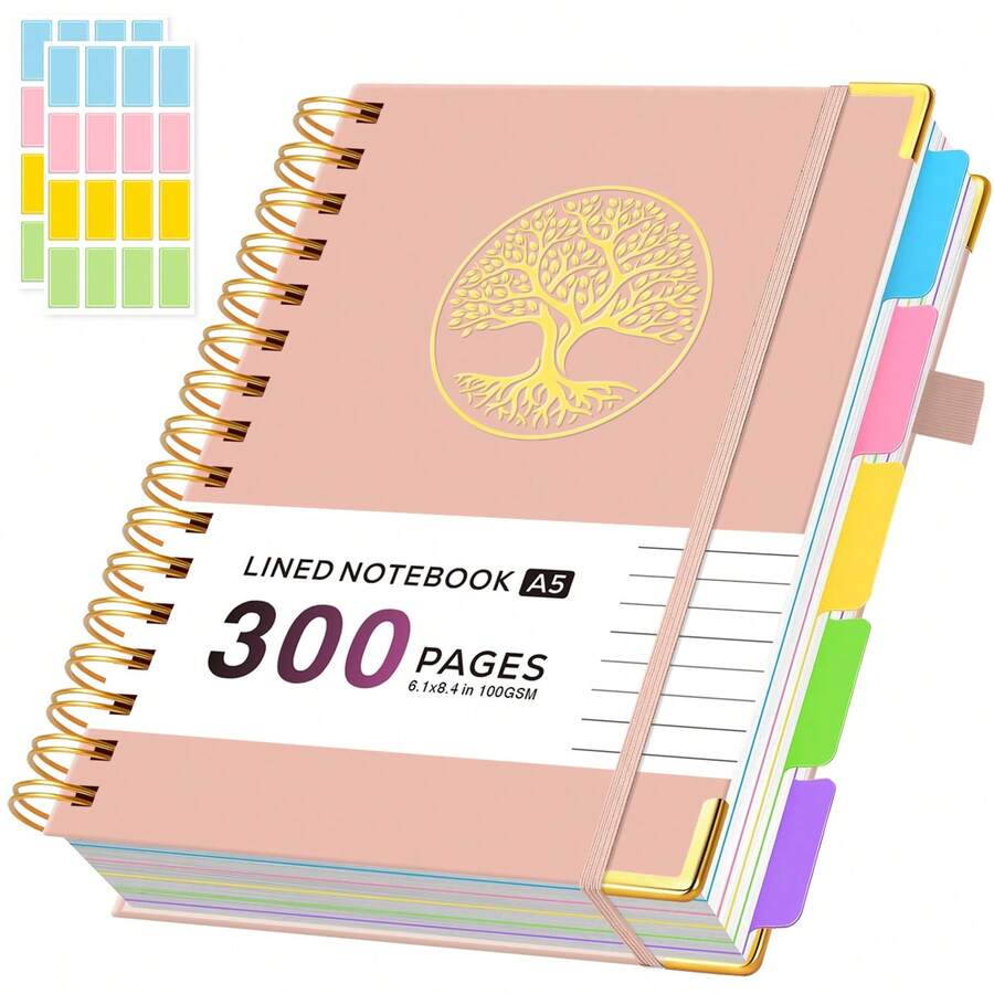 A5 Hardcover Spiral Notebook Journal, 5 Subject Notebook College Ruled, With Removable Dividers Tabs, 2 Stickers, 300 Pages Lined Notebooks For Work & School Note Taking, Inner Pocket, 6.1" X 8.4" - Hồng - Xem 1