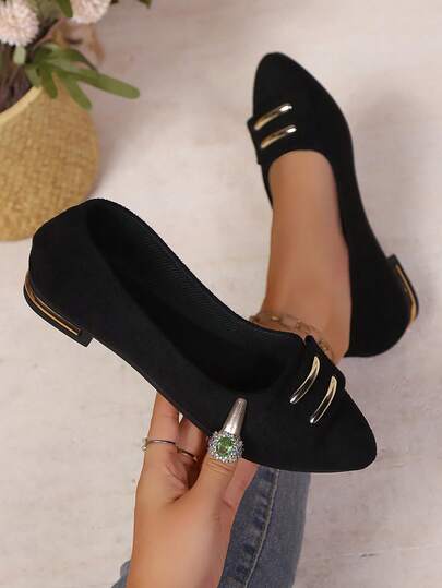 Flat Slip-On Pointed Toe Shoes For Women, New Soft Bottom, Low Heel, Non-Slip, Casual, Fashion Rhinestone Decor, Lightweight, Solid Color, Breathable. (For Wide Feet, Suggest Ordering One Size Up)