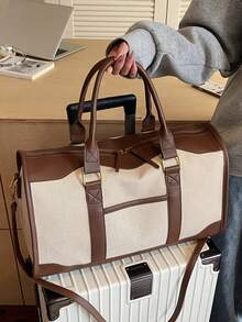 大容量极简旅行手提包，时尚撞色波士顿单肩包，休闲百搭，可单肩背或斜挎，黑棕米色 - 棕色 - 查看 5