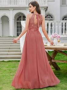 MIUSOL Elegant Women's Sequin Floral Lace Halter Neck Sleeveless Ruched Chiffon Maxi Dress, Perfect For Formal Wedding Guest, Cocktail Party, Bridesmaid, Prom - 藕粉色 - 查看 2